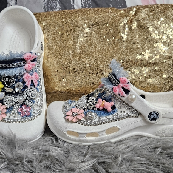 CROCS White Mules with Pink and Blue Embellishments - Picture 3 of 5